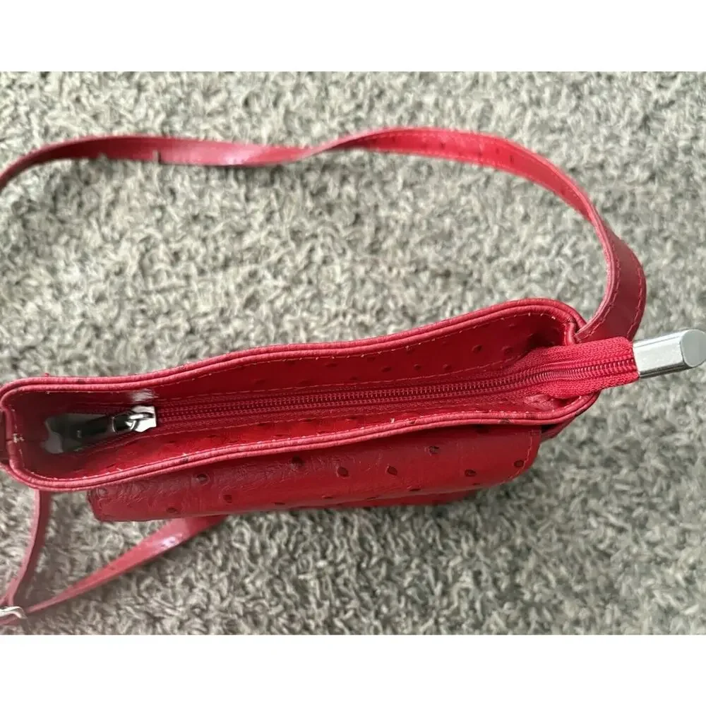 Red Ostrich Leather Crossbody‎ Bag Textured Small Shoulder Purse Zip Top Pocket